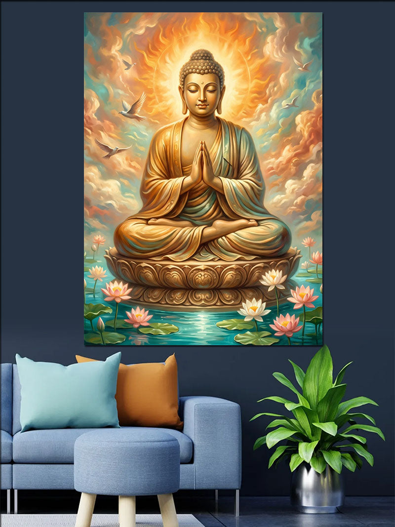 Lotus Üzerinde Altın Buda Meditasyon Kanvas Tablo