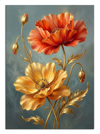 Mavi gri fonda turuncu ve sarı iki gelincik çiçeği