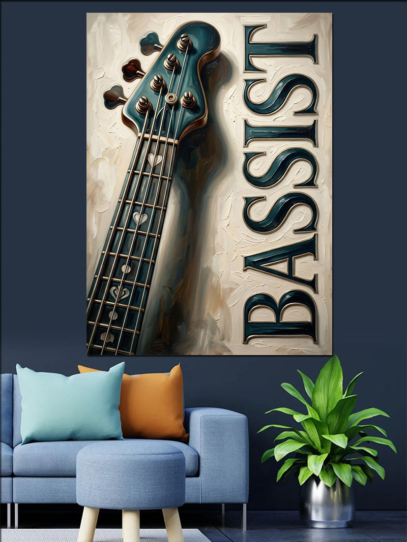 Bassist Yazılı Bas Gitar Sapı Yakın Kanvas Tablo