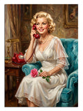 Kırmızı telefonlu beyaz elbiseli ve koltukta pin-up kadın