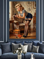 Çizgili Şortlu Pin-up Kadın Telefonla Eğilen Kanvas Tablo