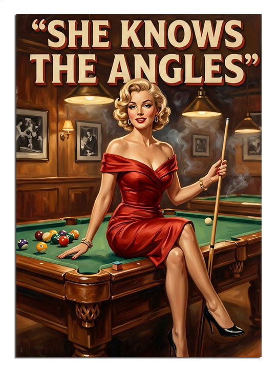 SHE KNOWS THE ANGLES yazılı bilardo masasında pin-up kadın