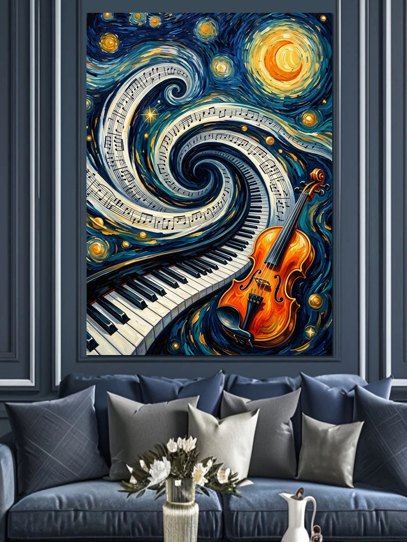 Piyano ve Keman ve Müzik Notalı Gece Kanvas Tablo