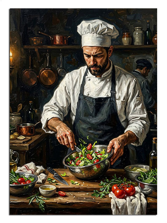 Mutfakta salata hazırlayan şef aşçı