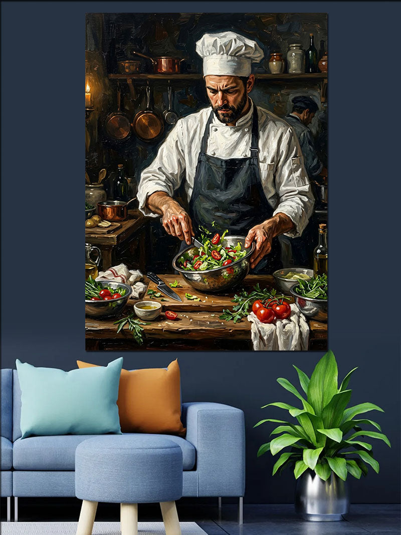 Salata Hazırlayan Şef Aşçı Mutfakta Kanvas Tablo