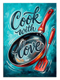 Cook with love yazılı tava ve spatula mavi poster