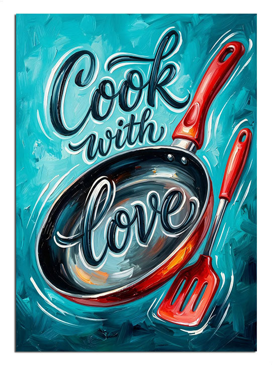 Cook with love yazılı tava ve spatula mavi poster