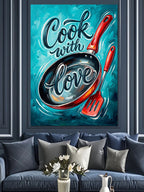 Cook With Love Tava Yazılı Mavi Poster Kanvas Tablo