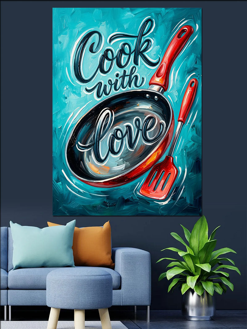 Cook With Love Tava Yazılı Mavi Poster Kanvas Tablo