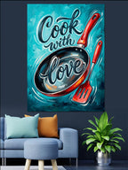 Cook With Love Tava Yazılı Mavi Poster Kanvas Tablo