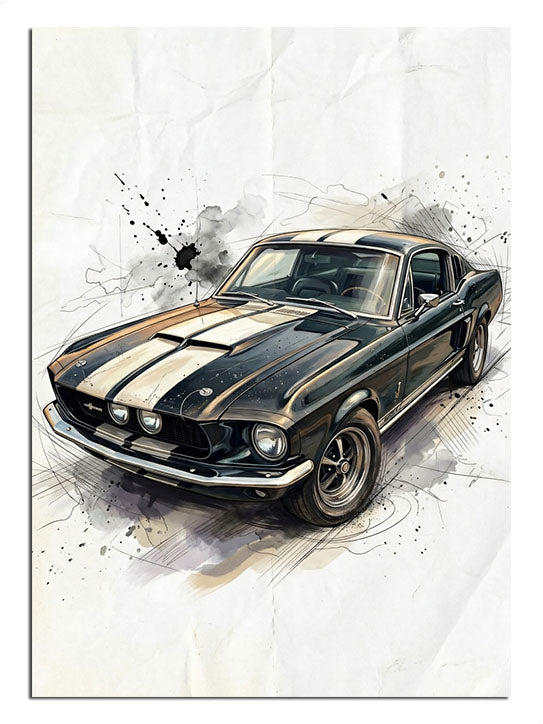 Beyaz fonda siyah şeritli Mustang araba