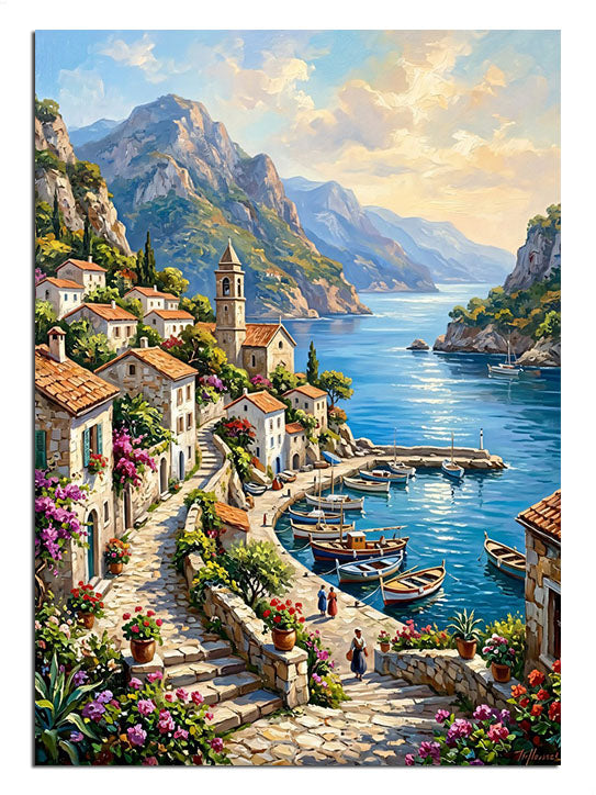 Deniz kenarı ve dağlı kasaba ve liman ve çiçekli yol