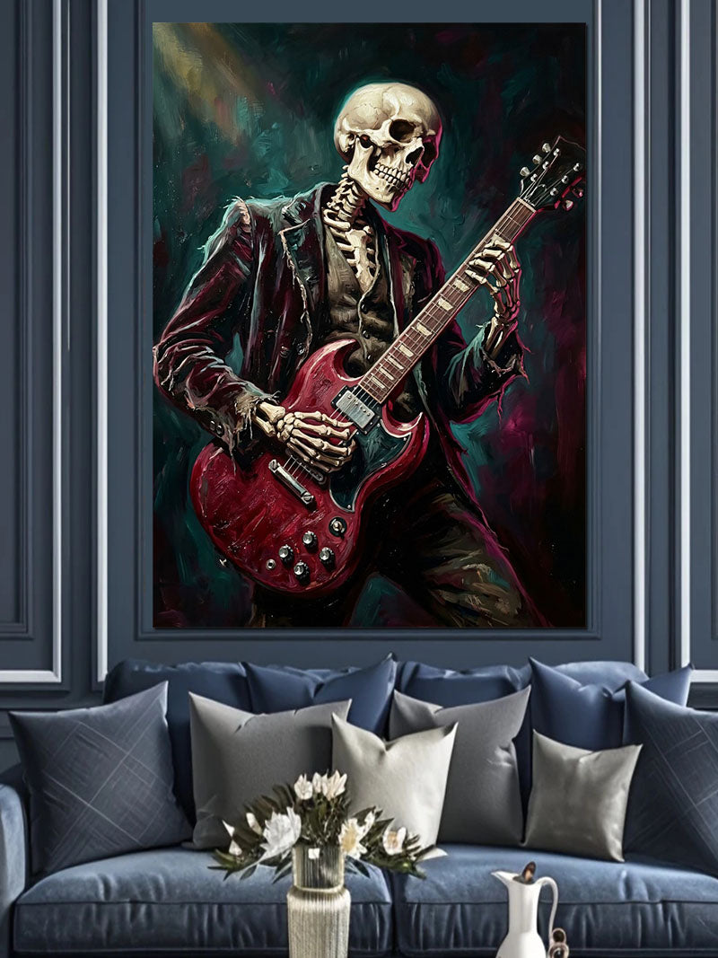 Gitar Çalan İskelet Rocker Siyah Beyaz Kanvas Tablo