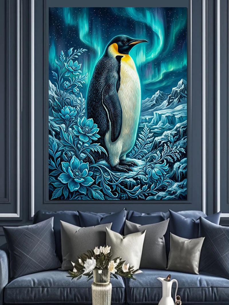 Aurora ve Buzda Penguen Mavi Çiçekli Kanvas Tablo