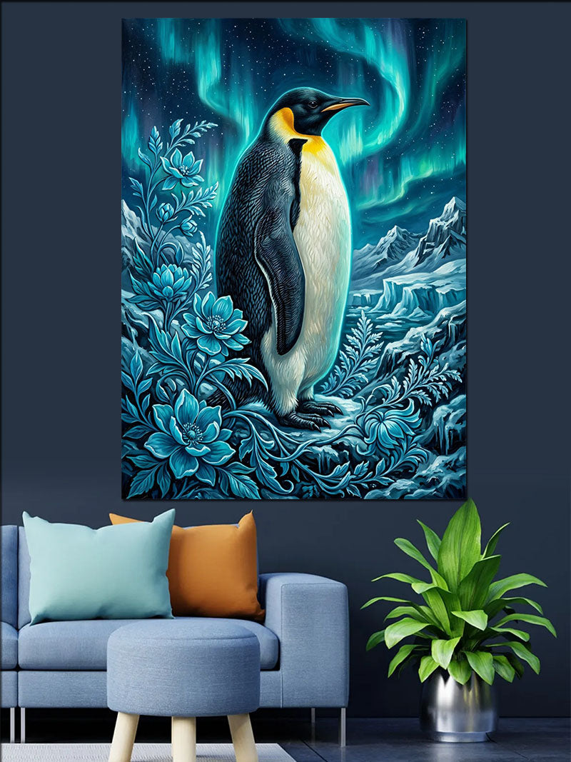 Aurora ve Buzda Penguen Mavi Çiçekli Kanvas Tablo