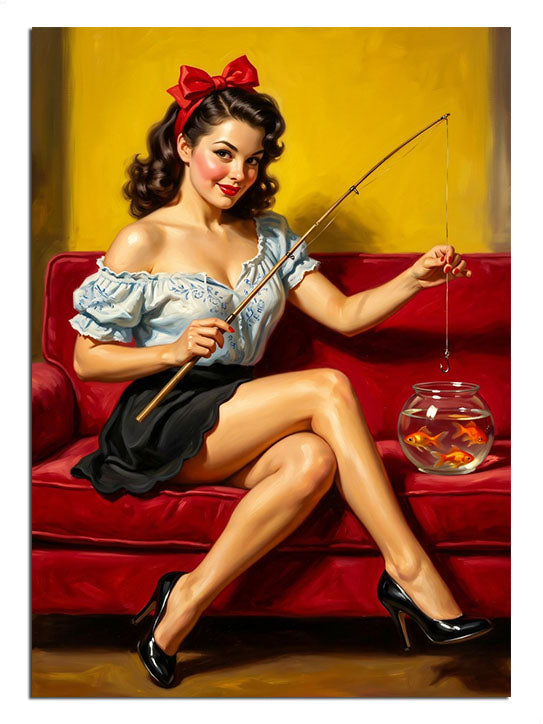 Kırmızı koltukta balık oltası tutan pin-up kadın