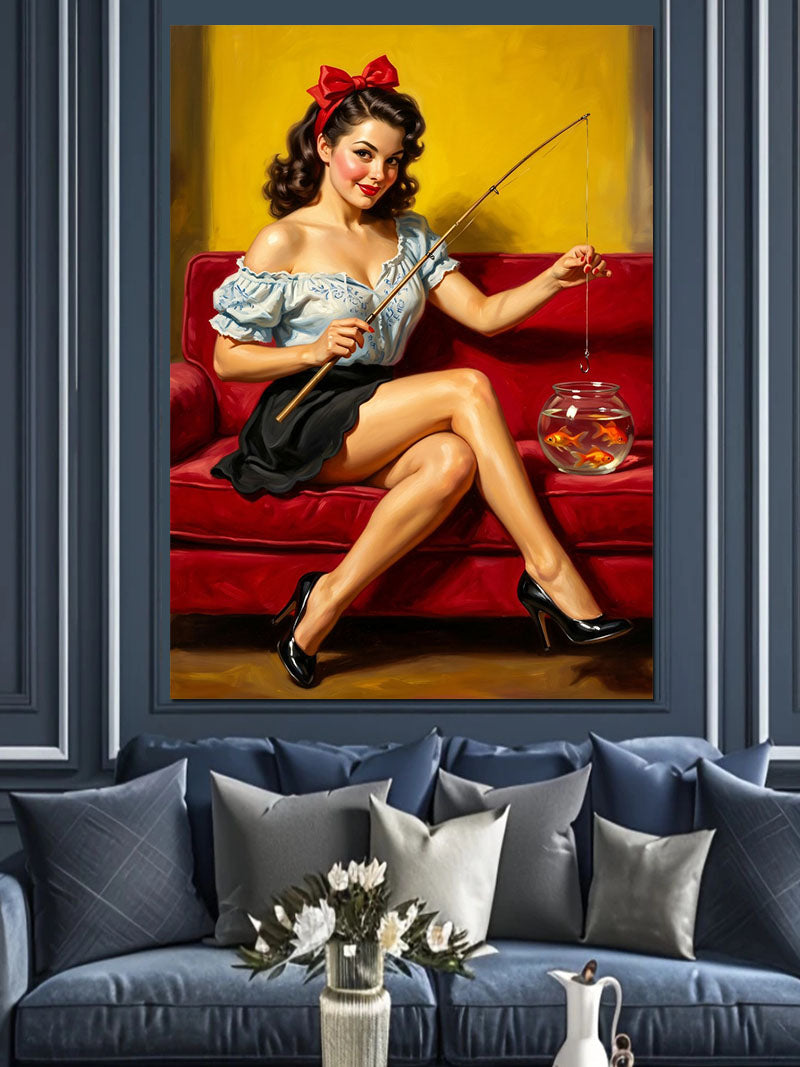 Kırmızı Koltukta Balık Oltası Tutan Pin-up Kanvas Tablo