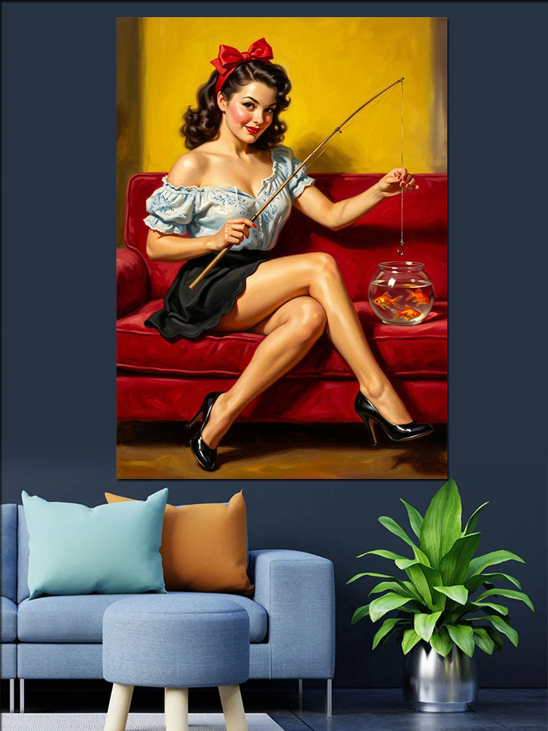 Kırmızı Koltukta Balık Oltası Tutan Pin-up Kanvas Tablo