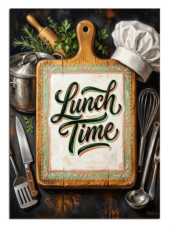 Lunch Time yazılı kesme tahtası ve mutfak aletleri