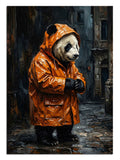 Turuncu kapüşonlu yağmurluklu panda sokakta duran