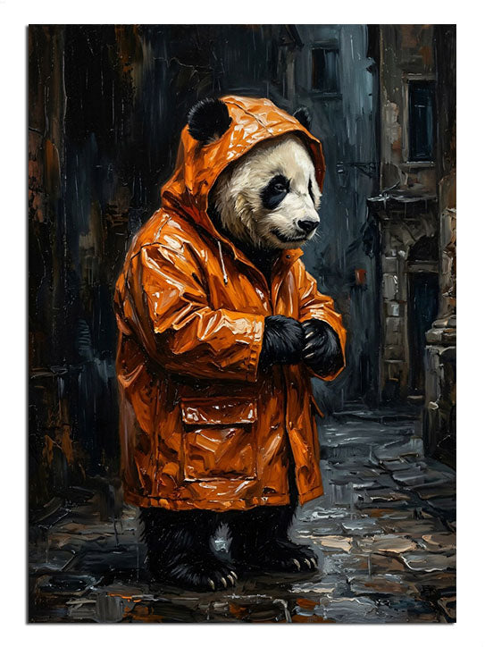 Turuncu kapüşonlu yağmurluklu panda sokakta duran