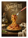 SPAGHETTI Nr.5 yazılı spagetti tabağı ve çatalda sarılı