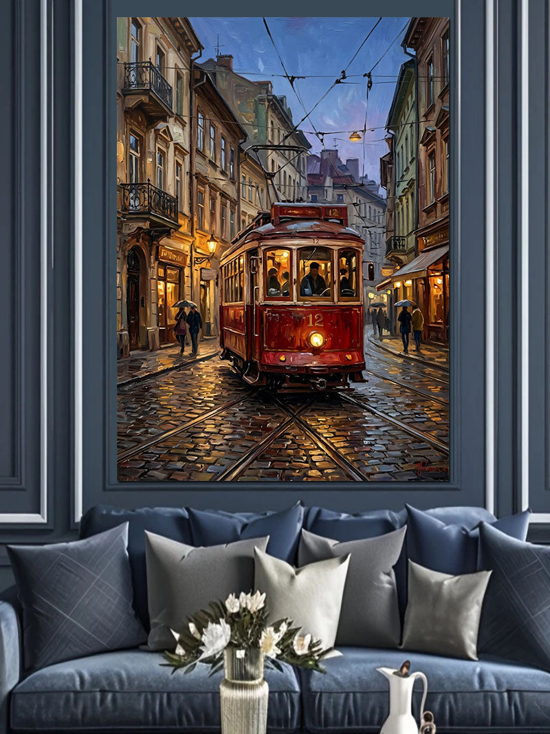 Kırmızı Tramvay ve Gece Işıklı Sokak Kanvas Tablo