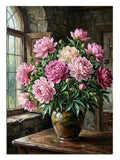 Pencere kenarında vazoda pembe şakayık buketi