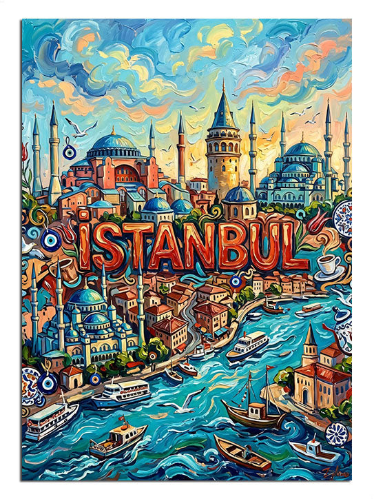 Renkli İstanbul ve boğaz ve cami manzarası ve gemiler