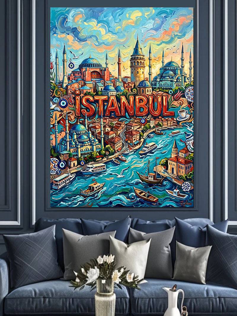 Renkli İstanbul Boğazı ve Cami Manzarası Kanvas Tablo