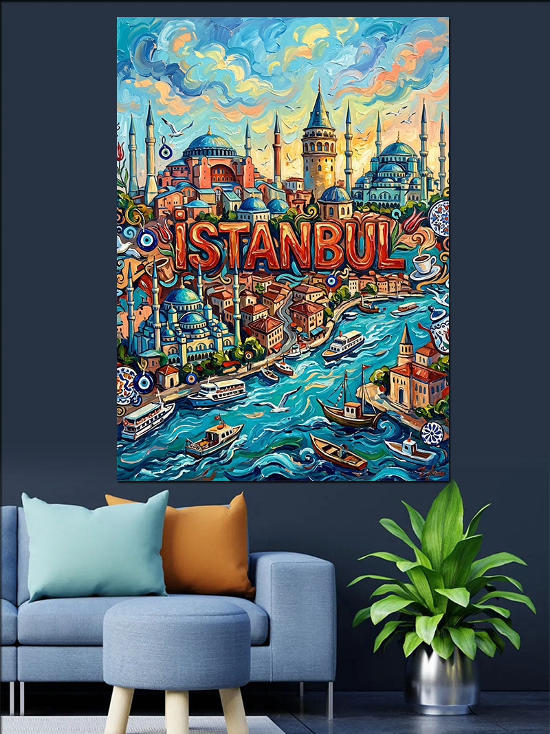 Renkli İstanbul Boğazı ve Cami Manzarası Kanvas Tablo