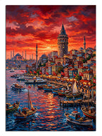 Kırmızı gökyüzü ve Galata Kulesi ve boğaz ve kayıklar İstanbul