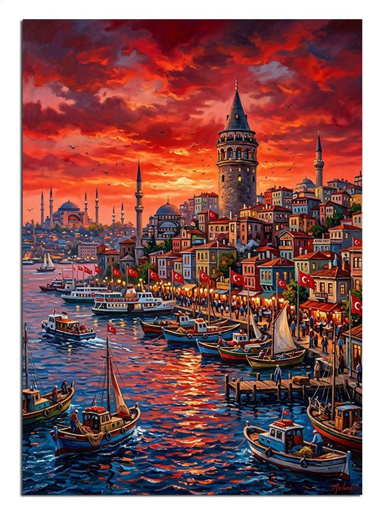 Kırmızı gökyüzü ve Galata Kulesi ve boğaz ve kayıklar İstanbul