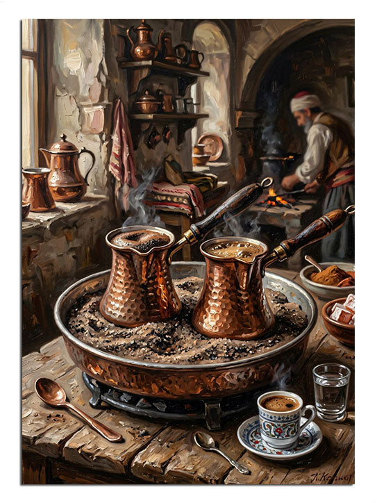 Kumda bakır cezvede Türk kahvesi pişiren adam