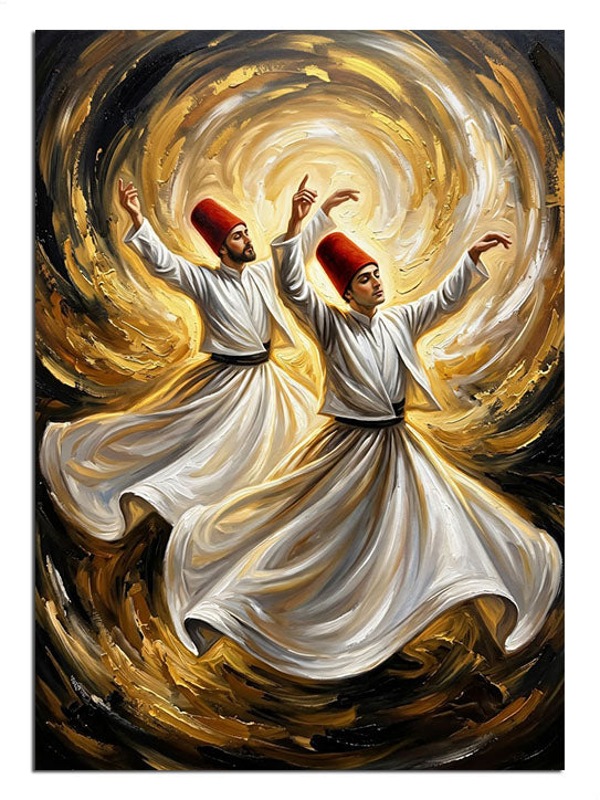 Altın ışıklı dönen iki semazen beyaz kıyafetli