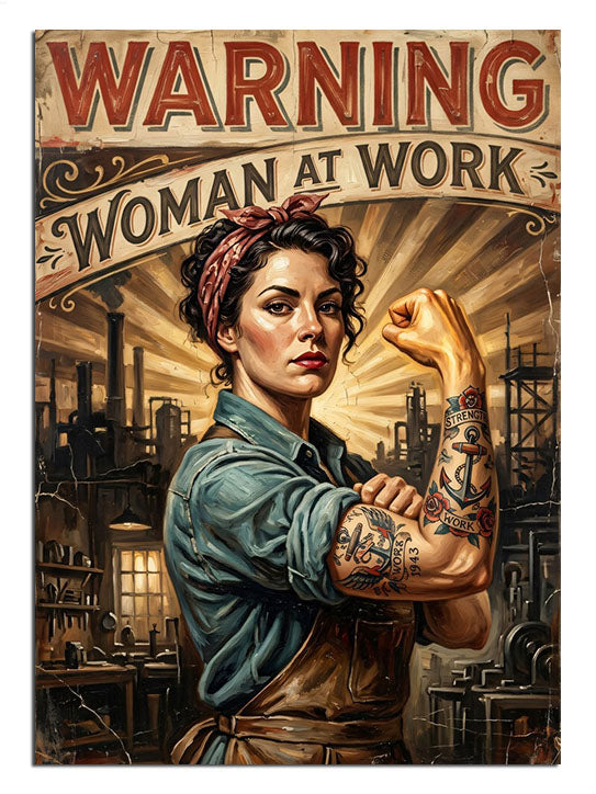 WARNING WOMAN AT WORK yazılı kaslı kadın poster