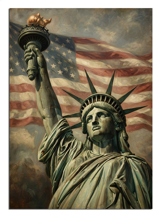 Amerikan bayrağı arka fonlu Özgürlük Heykeli yakın