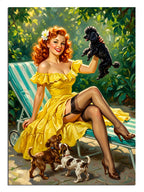 Sarı elbiseli ve köpeklerle şezlongda pin-up kadın