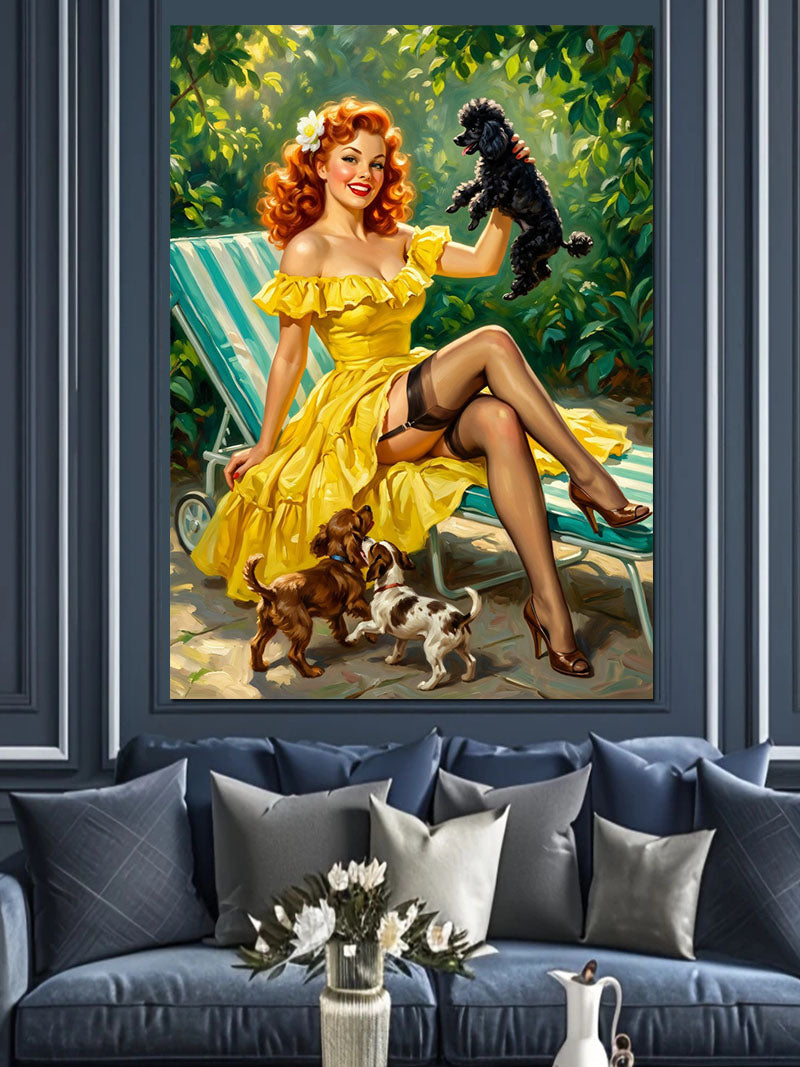 Sarı Elbiseli Pin-up Kadın ve Köpekler Kanvas Tablo