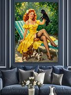 Sarı Elbiseli Pin-up Kadın ve Köpekler Kanvas Tablo
