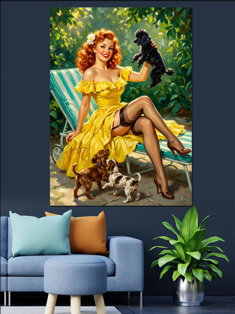 Sarı Elbiseli Pin-up Kadın ve Köpekler Kanvas Tablo