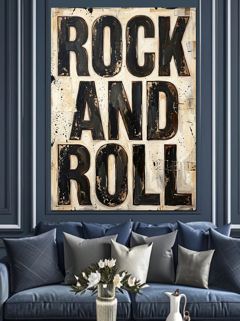 Rock and Roll Yazılı Eskitme Poster Kanvas Tablo