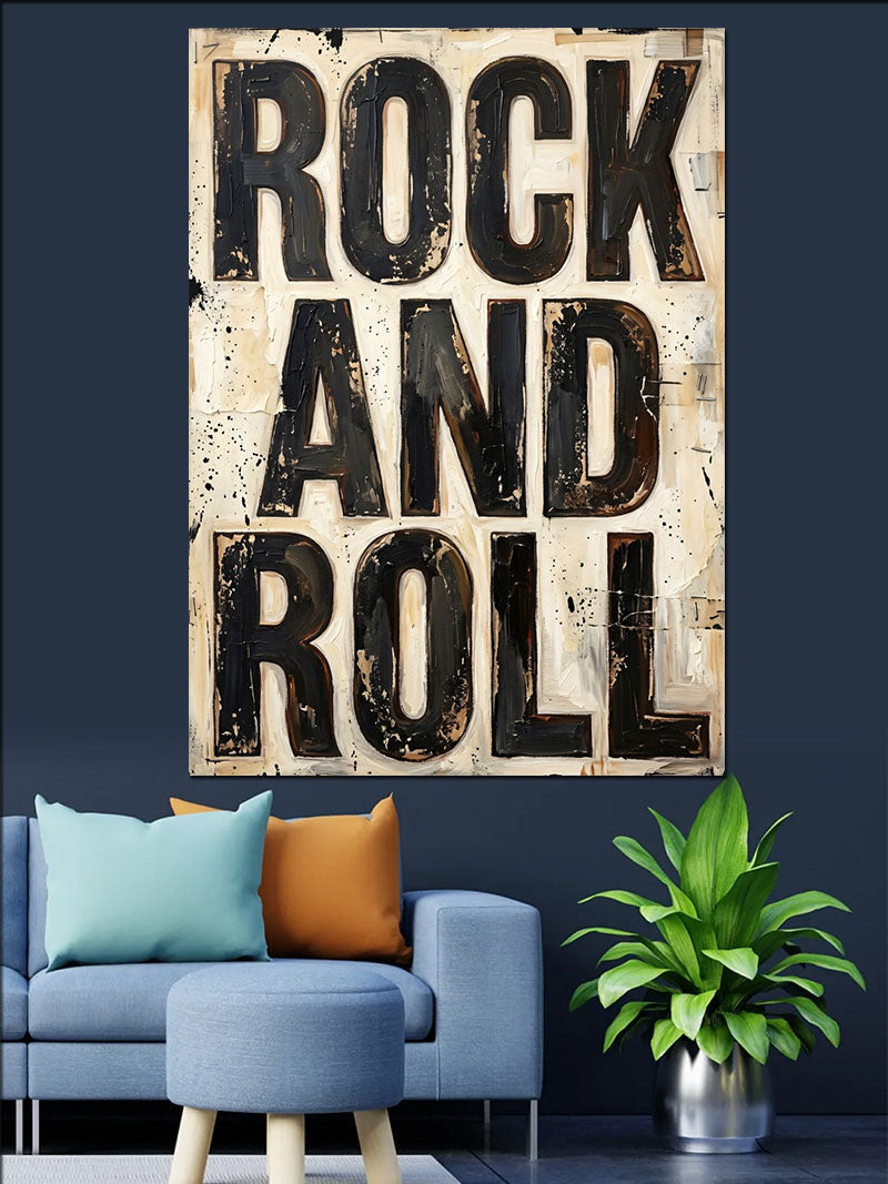 Rock and Roll Yazılı Eskitme Poster Kanvas Tablo