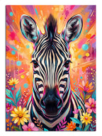 Renkli çiçekler arasında neon zebra portresi