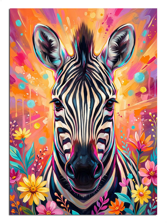 Renkli çiçekler arasında neon zebra portresi