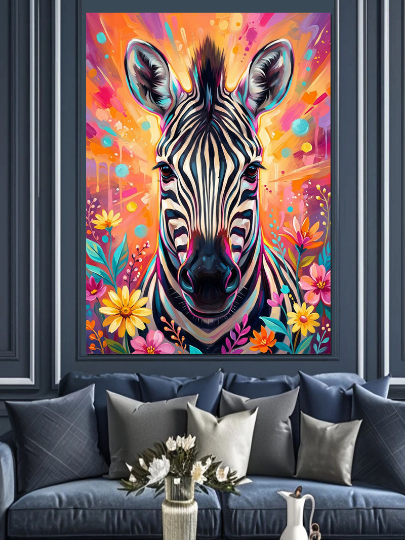 Renkli Çiçekli Zebra Portresi Neon Kanvas Tablo