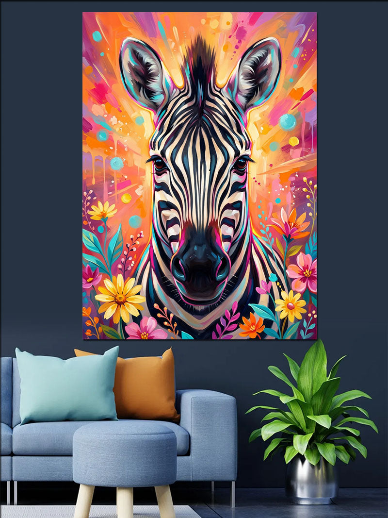 Renkli Çiçekli Zebra Portresi Neon Kanvas Tablo