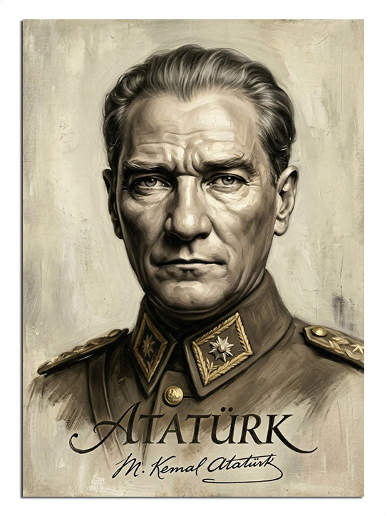 Askeri üniformalı Atatürk portresi siyah beyaz Atatürk yazılı