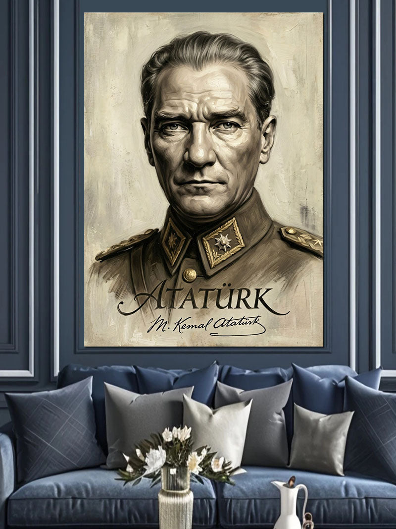 Atatürk Portresi Askeri Üniformalı Siyah Beyaz Kanvas Tablo
