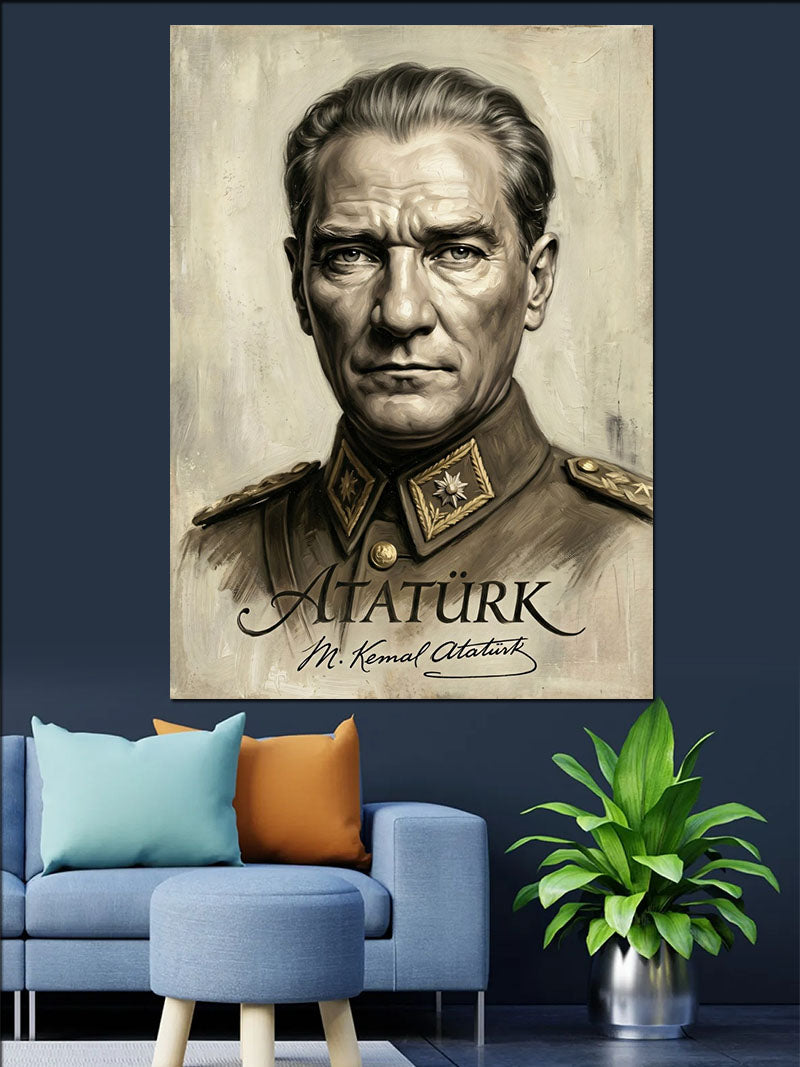 Atatürk Portresi Askeri Üniformalı Siyah Beyaz Kanvas Tablo